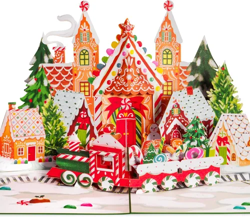 Miniatura 5 de Paper Love Tarjeta Emergente 3D de Pueblo de Jengibre Navideño, Regalo para Navidad o Días Festivos, Cubierta de 5" x 7" - Incluye Sobre y Etiqueta