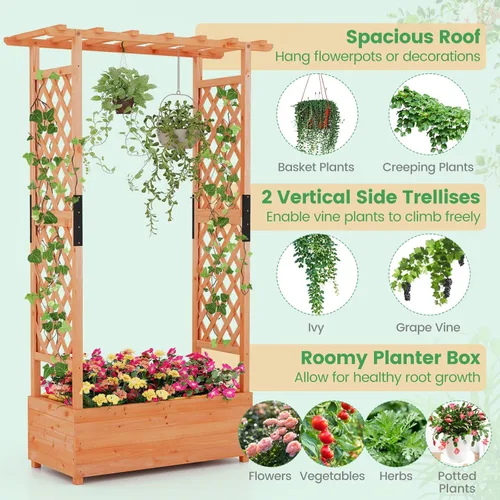 Miniatura 5 de Giantex Cama de jardín elevada con enrejado y techo colgante, jardinera de madera con parte inferior y agujeros de drenaje, maceta de jardín