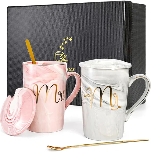 Yesland Tazas de Café Mr and Mrs de 13.5 Oz, Regalos de Boda para Pareja/Novia y Novio, Tazas de Cerámica con Mármol para Despedida de Soltera,