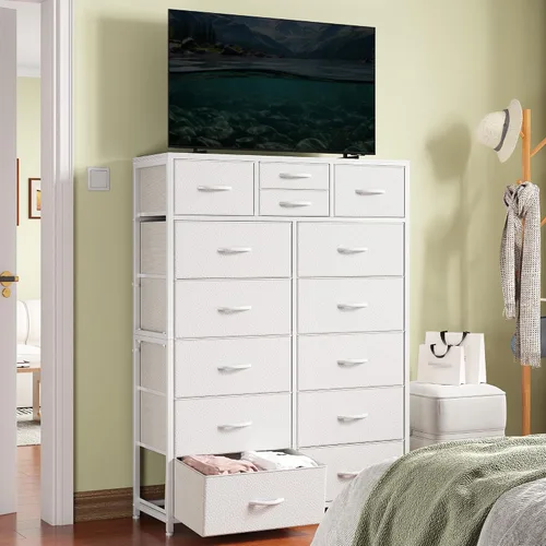 Miniatura 9 de EnHomee Cómodas blancas para dormitorio con 14 cajones de almacenamiento, cómodas y organizador de cajones de almacenamiento, marco de metal Blanco