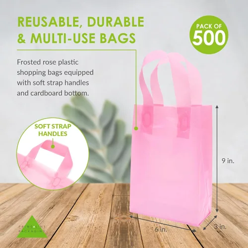 Miniatura 4 de Prime Line Packaging Bolsas de regalo rosadas, bolsas de regalo de plástico esmerilado con asas para pequeñas empresas, golosinas, compras