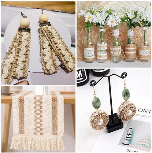 Miniatura 4 de PH PandaHall 4 rollos de cintas de arpillera natural, cintas de encaje de yute, cintas finas para manualidades, cuerda rústica para envolver