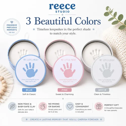 Miniatura 2 de Reece Studio Kit de arcilla para imprimir huellas de bebé en lata, creadores de huellas de mano o pie de recién nacido, caja de recuerdos para bebé