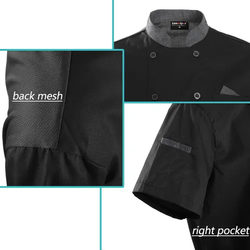 Miniatura 7 de Chaqueta de chef unisex con doble botonadura trasera, malla completa, ligera, costura de color, uniforme de chef