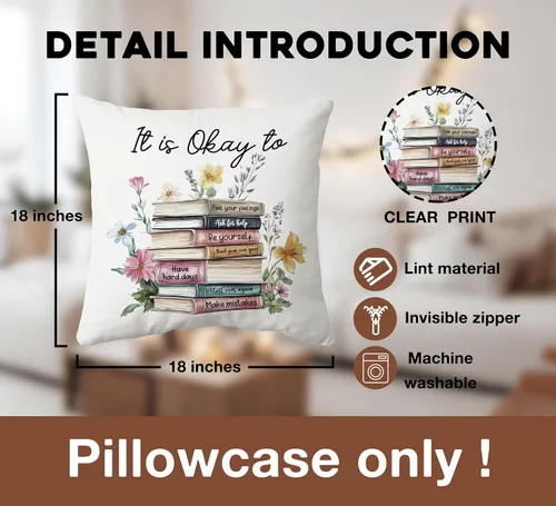 Miniatura 6 de huester Book Floral Mental Health Pillow Cover 18x18, Positive Affirmations Awareness Motivational Decorative Throw Pillow Cover Pillowcases for