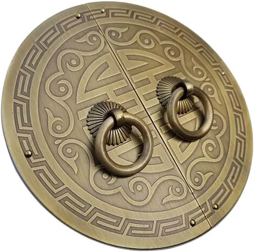 Miniatura 2 de Un par de tiradores de placa redonda de latón antiguo con manija para armario de zapatos, armario de cobre puro, vintage, doble puerta, anillo