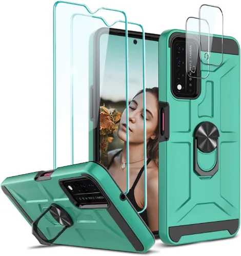 Miniatura 20 de Jeylly Funda para T-Mobile Revvl 5G con 2 protectores de pantalla de vidrio templado, cuerpo completo híbrido de policarbonato duro suave TPU anillo