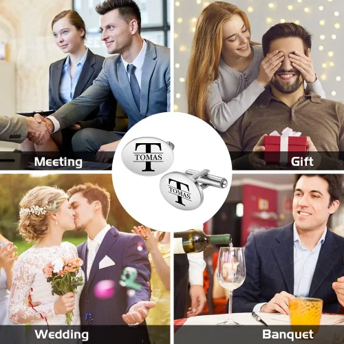 Miniatura 6 de ROSI - Gemelos personalizados personalizados para hombres, juego de gemelos con clip de corbata de boda, con letra inicial, nombre, camisas