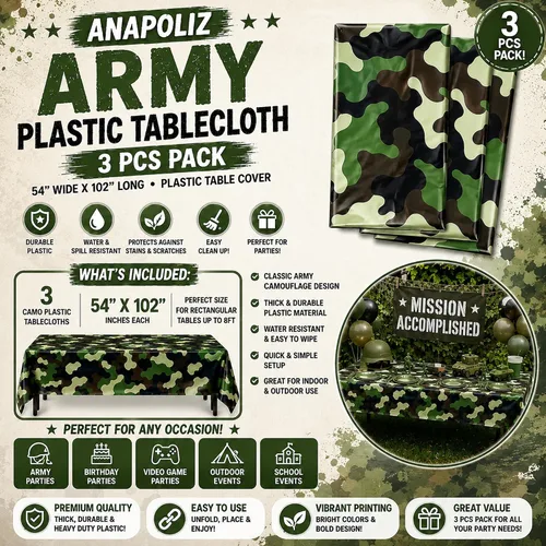 Miniatura 2 de AnapoliZ Mantel de plástico militar Paquete de 3 piezas (54 pulgadas de ancho x 102 pulgadas de largo) Mantel rectangular de camuflaje