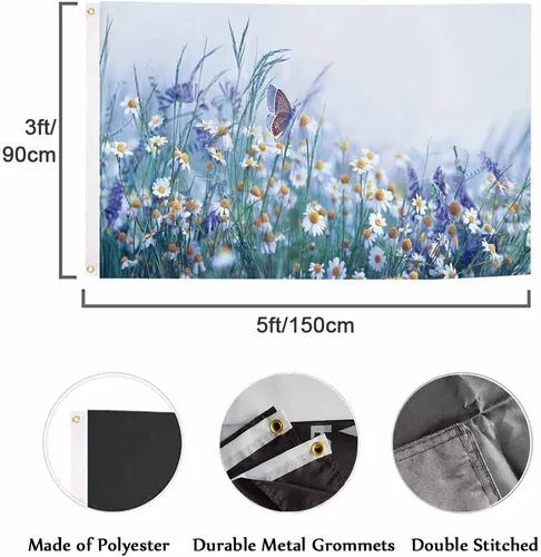 Miniatura 2 de Swono - Bandera de hermosos flores silvestres de 3 x 5 pies, manzanilla, violeta, trébol, mariposas matutinas, naturaleza, bandera de doble cara