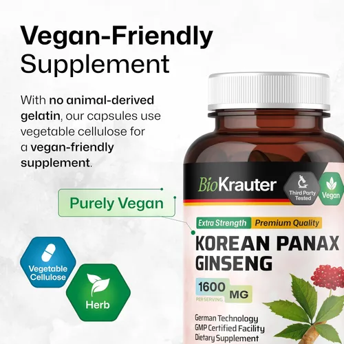 Miniatura 6 de BIO KRAUTER® Suplemento de ginseng para energía, concentración, rendimiento y apoyo inmunológico, ginseng rojo coreano vegano puro, 1600 mg por