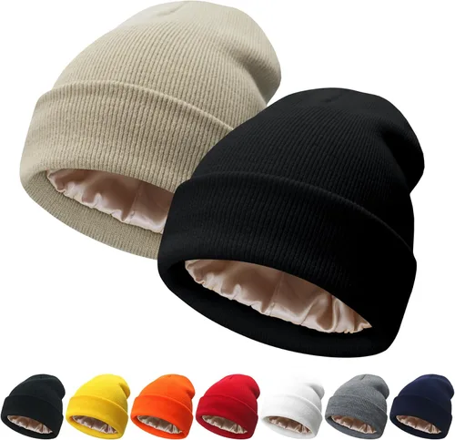 Miniatura 22 de NPQQUAN 2 PCS Satin Lined Beanie for Women Silk Lined Beanies Winter Warm Soft Lining Cuffed Knit Beanie Hats for Women