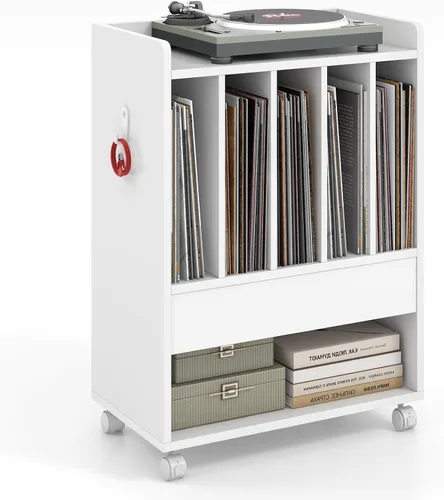 Giantex Soporte para tocadiscos, soporte giratorio con cajón, gancho y ruedas con bloqueo, estante de exhibición de discos de vinilo con capacidad