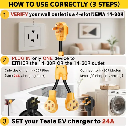 Miniatura 3 de MECMO NEMA 14-30P a 14-50R EV y 14-30R Divisor de salida de secadora de 4 clavijas solo para receptáculos modernos 14-30R, un dispositivo a la vez