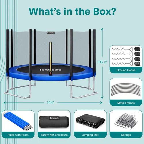 Miniatura 7 de SereneLife Trampolín para exteriores de 8 pies, 10 pies, 12 pies, 14 pies con red, escalera y revestimiento antioxidante, trampolines recreativos