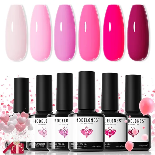 modelones - Juego de 6 esmaltes en gel, tonos verano, rosa, rosa fuerte, rosa neón, blanco, magenta, de suave claro a oscuro,arte para amantes de
