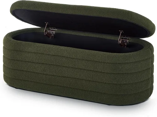 Miniatura 7 de Setawix Banco de almacenamiento de peluche verde para el extremo de la cama, banco de almacenamiento ovalado copetudo con canal, banco de asiento
