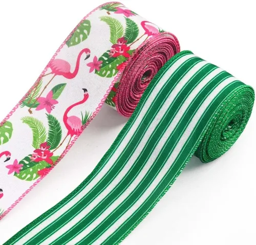 Estivaux 2 rollos de cintas tropicales de verano para manualidades, fiesta hawaiana Luau con borde con alambre, arpillera verde con hojas de