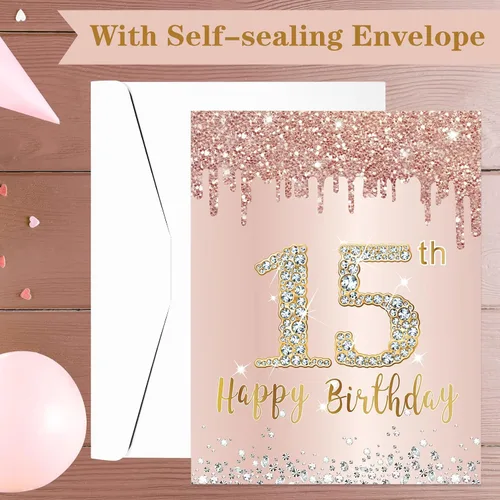 Miniatura 4 de Tarjeta grande de cumpleaños de 15 años con sobre, tarjeta de feliz cumpleaños 15 jumbo para niña, tarjetas de felicitación extra grandes para libro