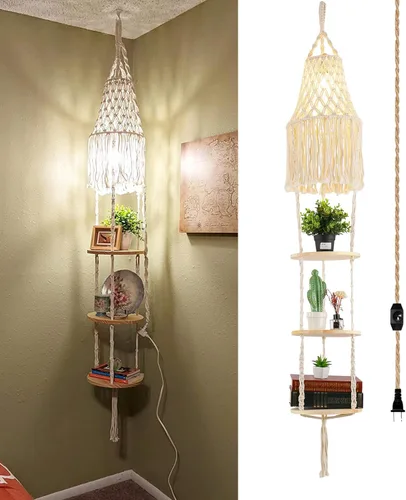 Miniatura 9 de QIYIZM Lámpara colgante enchufable con cable de enchufe, lámpara colgante de ratán bohemio regulable de mimbre de bambú, pantalla tejida de bambú