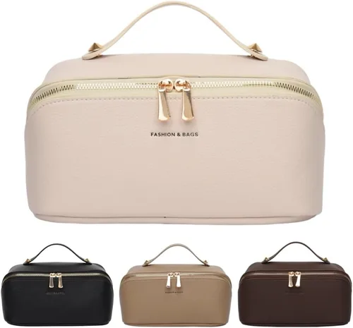 Miniatura 14 de Bolsas de maquillaje a cuadros de gran capacidad, bolsas de cosméticos portátiles de viaje, bolsa de aseo abierta y plana para mujeres y niñas