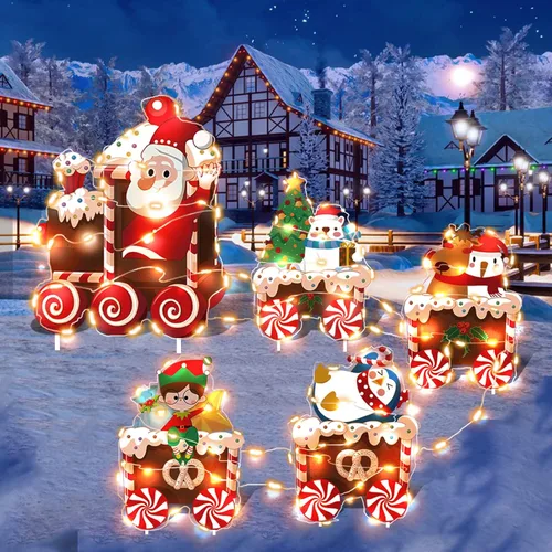 Decoraciones de Tren de Navidad para Patio con Luces LED - Juego de Árbol de Navidad, Muñeco de Nieve y Tren para Patio con Estacas para