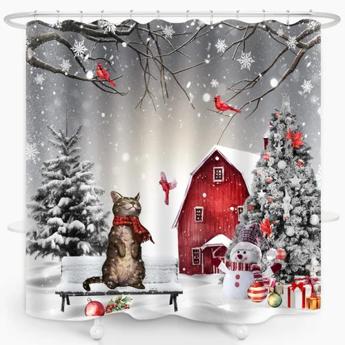 Miniatura 7 de Cortina de ducha con diseño de gato de Navidad, árbol de pino, cardenal, pájaro, muñeco de nieve, cabaña, copo de nieve, escena de vacaciones