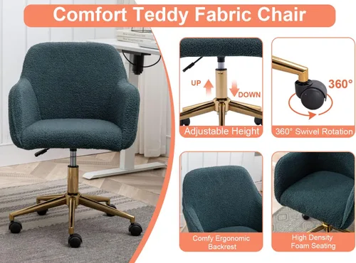 Miniatura 6 de Silla esponjosa verde – Silla de tocador ajustable en altura con ruedas, silla giratoria de piel sintética para sala de maquillaje u oficina en casa