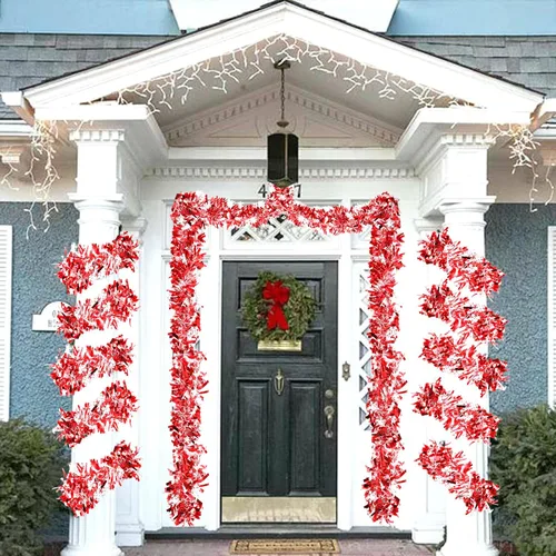 Miniatura 5 de FOIMAS Guirnalda de oropel de Navidad de 33 pies, guirnalda colgante metálica trenzada de copo de nieve rojo para árbol de Navidad, chimenea