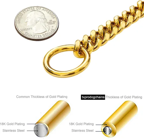Miniatura 3 de txprodogchains Collar de Cadena de Oro para Perro de 18K, Cadena de Eslabones Cubanos de 10MM, Cadena de Metal de Acero Inoxidable, Collar de Oro 18k