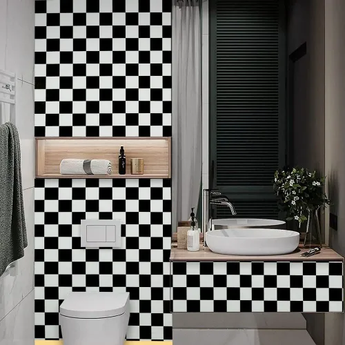 Miniatura 4 de 1339 Papel tapiz de mosaico blanco y negro para despegar y pegar, 17.7 x 118 pulgadas, papel de contacto autoadhesivo extraíble para armarios
