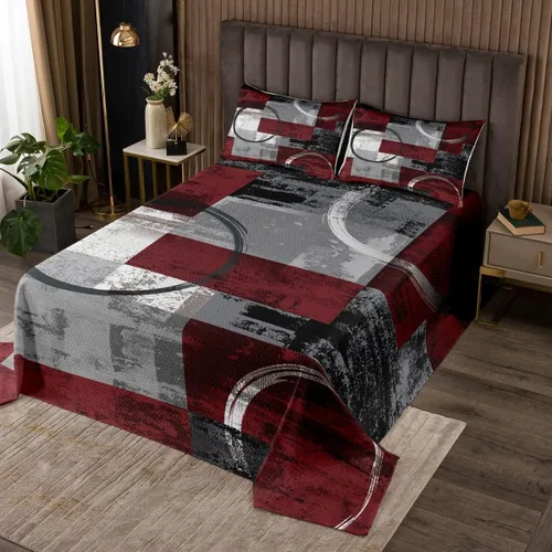 Miniatura 8 de Erosebridal Juego de colcha geométrica roja acolchada de círculo, diseño de líneas de remolinos abstractos, diseño retro, con ojales, geométrico
