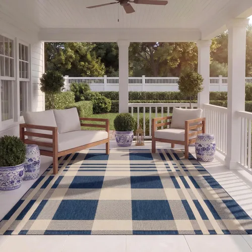 Miniatura 6 de SAFAVIEH Alfombra Lavable para Exteriores Colección Courtyard - 2'3" x 4', Beige y Azul, Patrón a Cuadros, No Desprende Pelusa y Fácil Limpieza