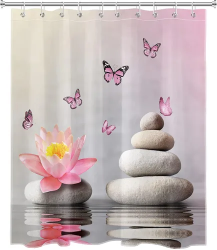 Miniatura 2 de Water Lily and Zen Stone Shower Curtain Pink Butterfly and Floral on Water Nature Scenery Shower Curtain for Bathroom Spa Relaxation Fabric Bath