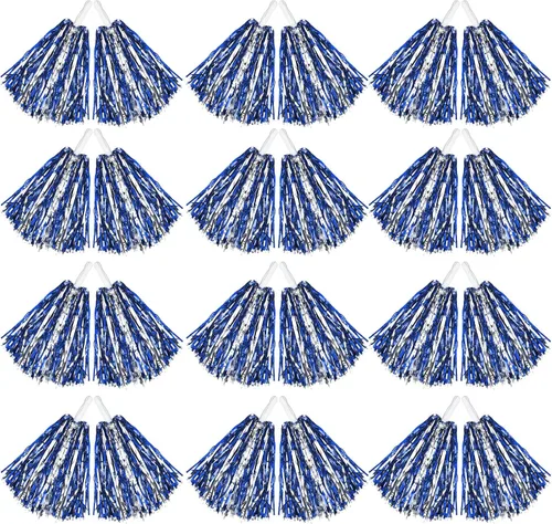 24 pompones de animadora, pompones de plástico de 12.6 pulgadas con asa, pompones de animadora de aluminio metálico para niños y adultos para Azul y