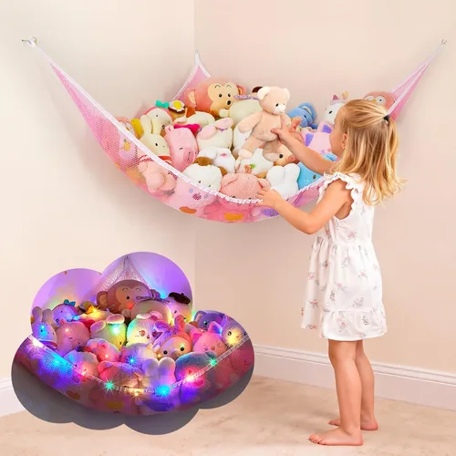 Miniatura 12 de Basumee Hamaca de animales de peluche con luz LED, organizador de red de juguetes de peluche, organizador de esquina para almacenamiento de animales