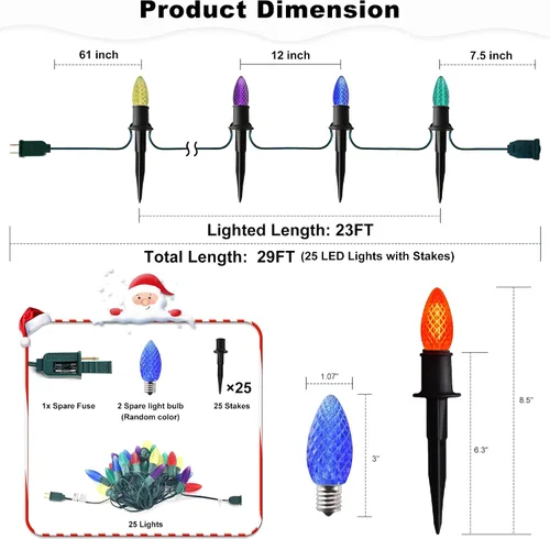 Miniatura 5 de GAGALIFE Luces de Camino de Navidad C9 de 29 Pies para Exteriores - 25 Luces LED con 25 Estacas de Marcador para Sendero, Luces Navideñas C9