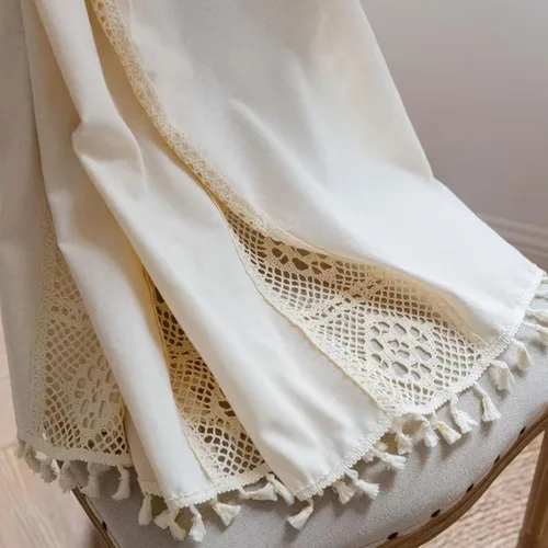 Miniatura 51 de Deeprove Cortinas bohemias para dormitorio, rayas huecas de ganchillo crema y estampado floral, tela de lino de algodón, con borlas beige bohemias