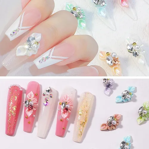 Miniatura 5 de 30 dijes de uñas con diseño de flores 5D, parte trasera plana en relieve, con diamantes de imitación, cristales de perla, gemas de diamante, joyas