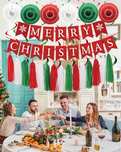 Miniatura 5 de Juego de decoraciones para fiesta de Navidad – Letrero de Feliz Navidad, guirnalda de borlas rojas, verdes y blancas, abanicos de papel y adornos