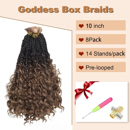 Miniatura 2 de Trenzas de Caja Goddess de Crochet con Puntas Rizadas de 10 Pulgadas, Trenzas de Crochet Boho, Paquete de 8, 3X, Extensiones de Cabello Sintético