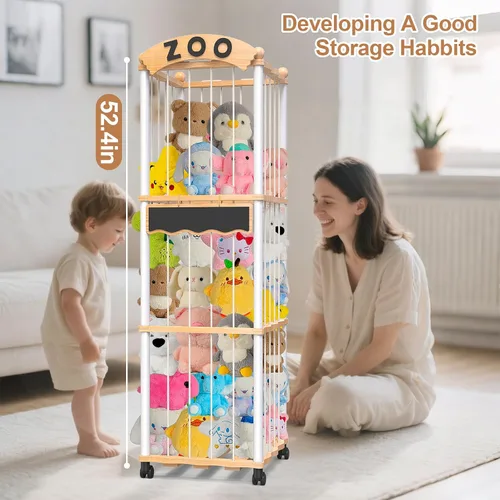 Miniatura 7 de Almacenamiento de animales de peluche, organizador de madera para animales de peluche, más de 120 almacenamientos de peluches, organizador
