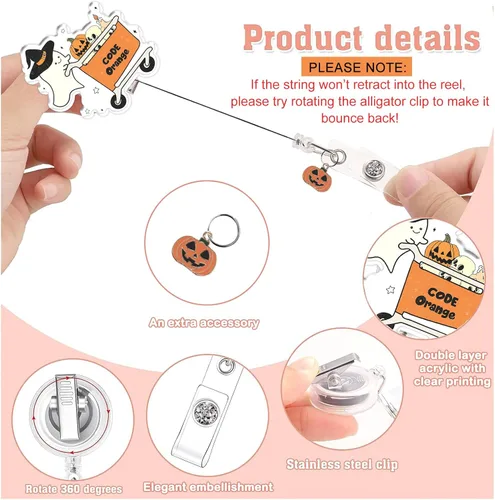 Miniatura 2 de Carrete acrílico de Halloween, lindo soporte para insignia de Halloween, carrete retráctil con clip de cocodrilo, soporte para etiqueta