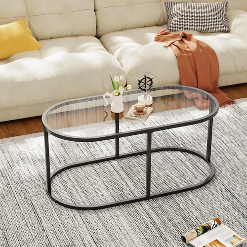 Miniatura 8 de Mesa de café Wolawu Mesas de café de vidrio negro para sala de estar, mesa de centro ovalada con marco de metal resistente, mesas de acento modernas