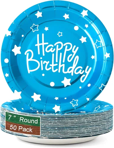Platos de papel de fiesta de feliz cumpleaños, platos de postre azules, 7 pulgadas, 50 unidades, decoración de fiesta de cumpleaños de lunares