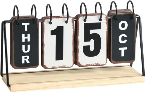 Calendario de Metal Plegable con Base de Madera, Calendario de Escritorio Perpetuo Diario con Pantalla Grande, Calendario de Escritorio Moderno