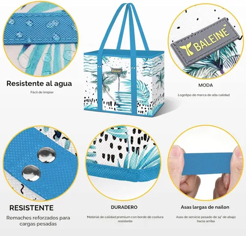 Miniatura 3 de BALEINE Paquete de 3 bolsas de comestibles reutilizables, bolsas de compras plegables para comestibles con parte inferior reforzada y asas