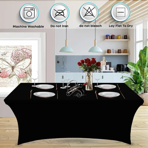 Miniatura 2 de Heochy - 2 piezas de mantel de 4 pies para mesa rectangular - Mantel rectangular elástico de spandex negro para cumpleaños, cóctel, boda, fiesta