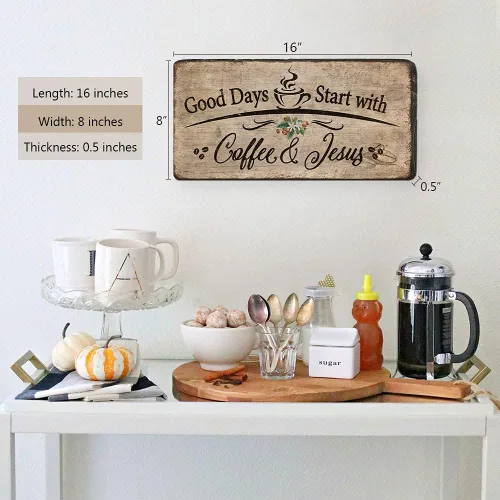Miniatura 5 de Letrero de placa de madera rústica, decoración de pared con texto en inglés "Good Days Start with Coffee and Jesus", accesorios de barra de café