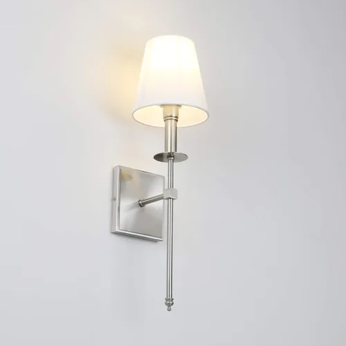 Miniatura 5 de PERMO Aplique de pared industrial rústico clásico con cable con pantalla textil blanca acampanada y soporte de columna cónico de níquel cepillado